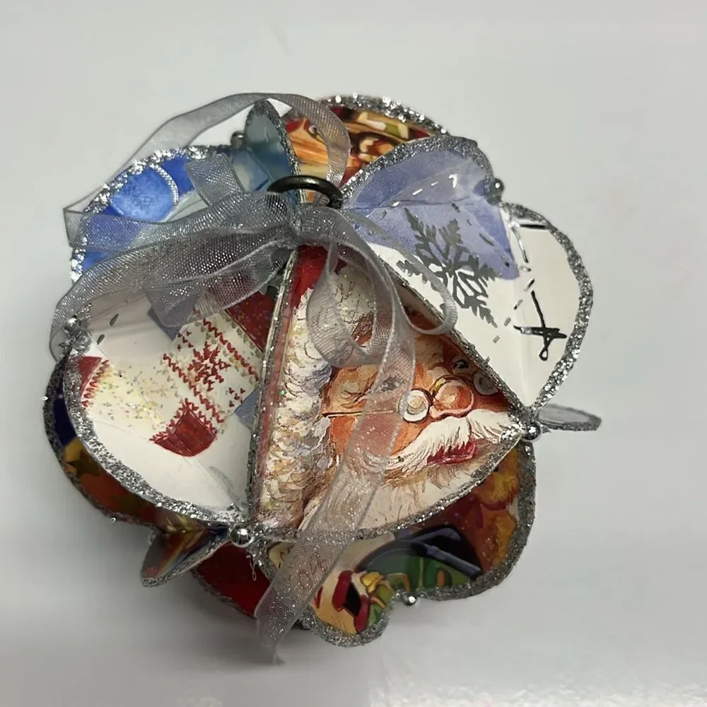 Recycled Christmas Cards Handmade Ornaments Set of two- Diameter 4”